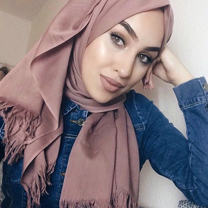 Solid Color Hijabs Cashmere Like Scarf Women Winter Warm Long Shawls And Wraps Hijab Scarves Pashmina Tassels Thin Headband