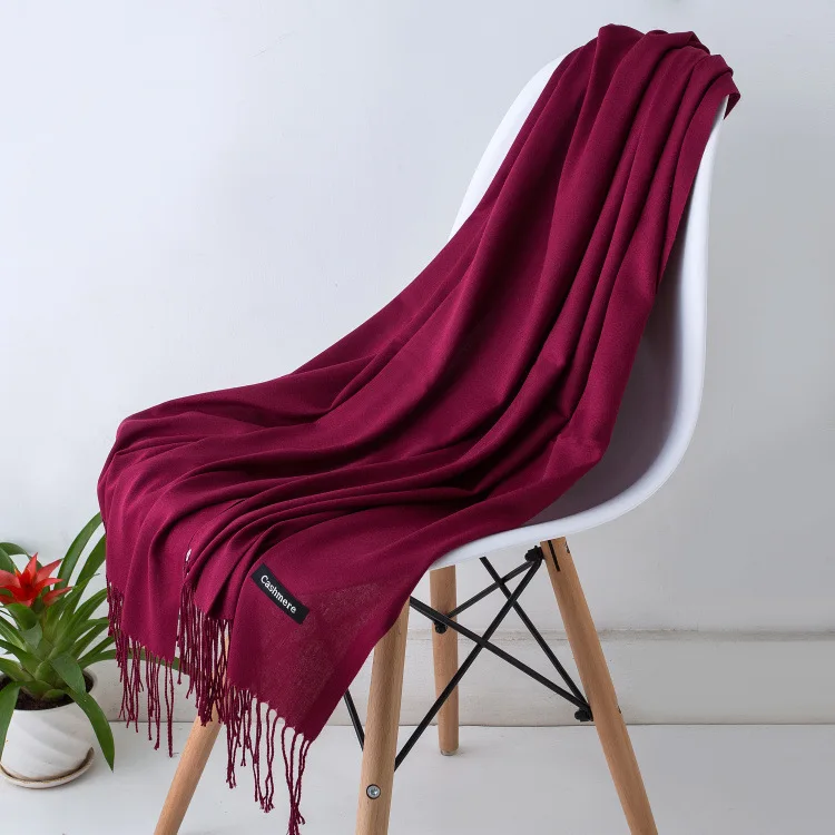 Solid Color Hijabs Cashmere Like Scarf Women Winter Warm Long Shawls And Wraps Hijab Scarves Pashmina Tassels Thin Headband