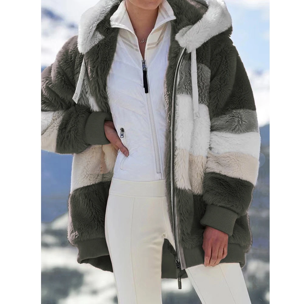 Oversized Jacket for Women Coat 2025 Autumn Winter Warm Plush Pocket Hooded Streetwear Loose Lady Zipper Cashmere Outerwear Coat