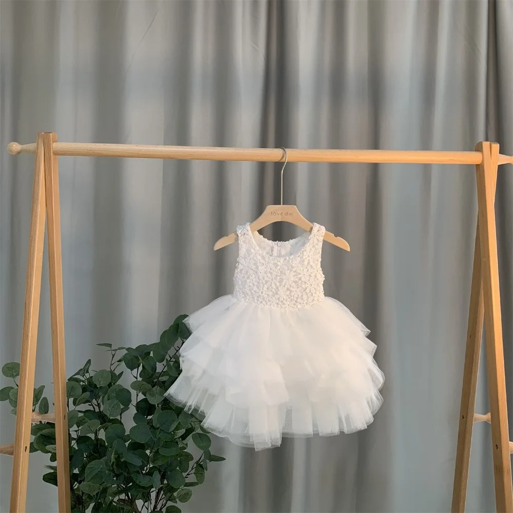2023 Girl Party Dress Lace Princess Floral Kids Dress Party Birthday Elegant Girl Bridesmaid Vestido Menina White Girls Dress