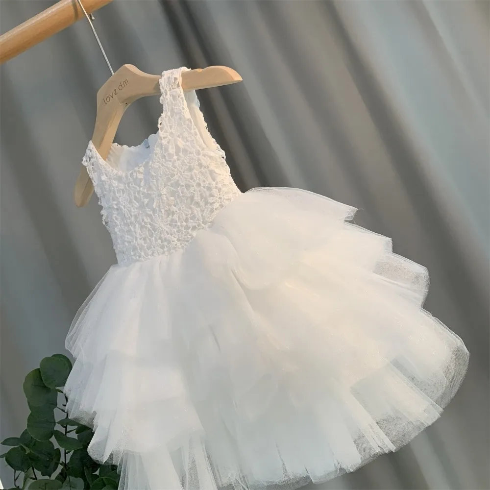 2023 Girl Party Dress Lace Princess Floral Kids Dress Party Birthday Elegant Girl Bridesmaid Vestido Menina White Girls Dress