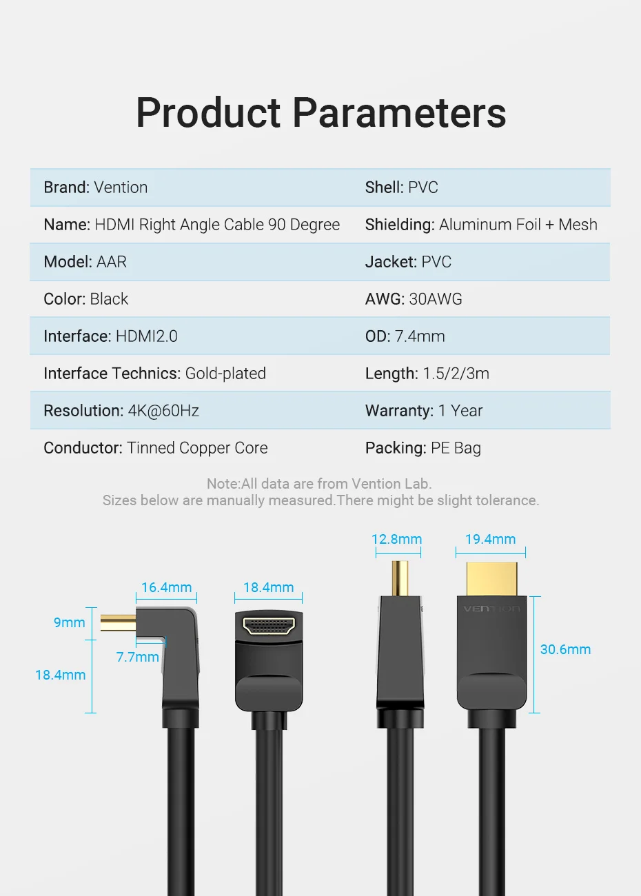 Vention HDMI Cable 4K HDMI 2.0 Cable HDMI 90/270 Degree Angle Adapter for Apple TV PS4 Splitter Video Audio 90 Degree HDMI Cable