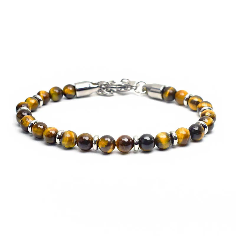 New Matte Map Stone Bracelet Metal Wrist Chain Jewelry Yellow Tiger Eye Volcanic Stone Beaded Bracelet Men Personality Jewelry