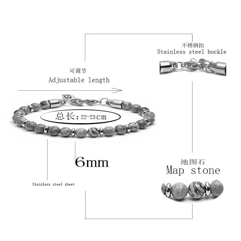 New Matte Map Stone Bracelet Metal Wrist Chain Jewelry Yellow Tiger Eye Volcanic Stone Beaded Bracelet Men Personality Jewelry