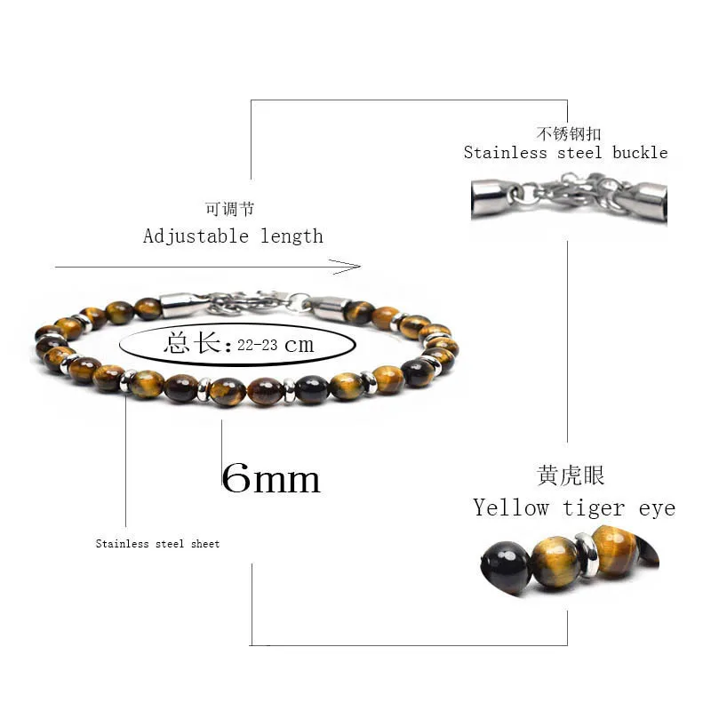 New Matte Map Stone Bracelet Metal Wrist Chain Jewelry Yellow Tiger Eye Volcanic Stone Beaded Bracelet Men Personality Jewelry