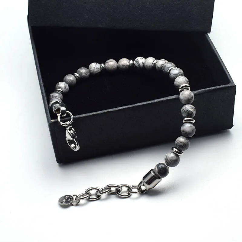 New Matte Map Stone Bracelet Metal Wrist Chain Jewelry Yellow Tiger Eye Volcanic Stone Beaded Bracelet Men Personality Jewelry