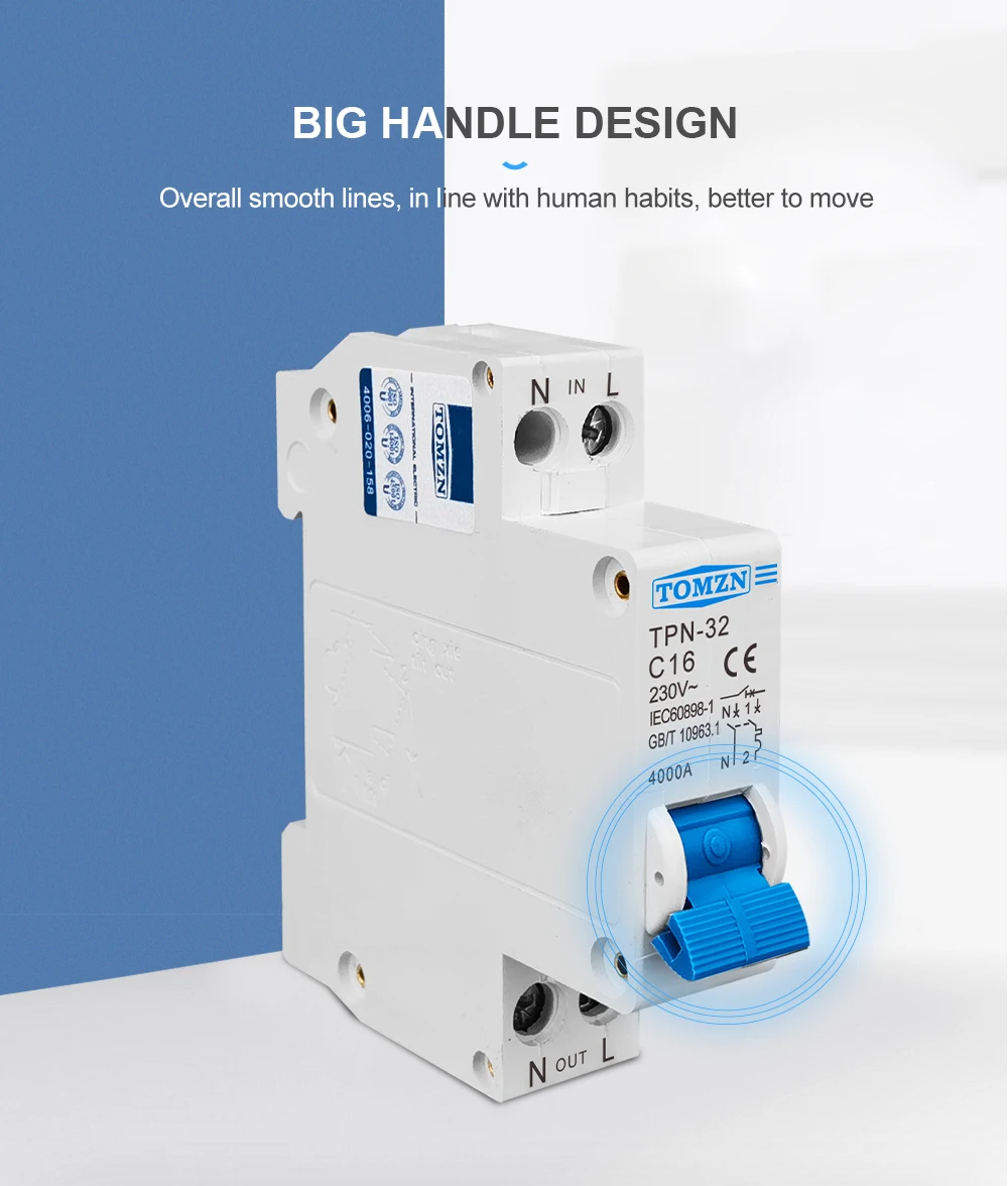 TOMZN TPN 1P+N Mini Circuit Breaker MCB 6A 10A 16A 20A 25A 32A DIN Rail Mounting Miniature Household Air Switch