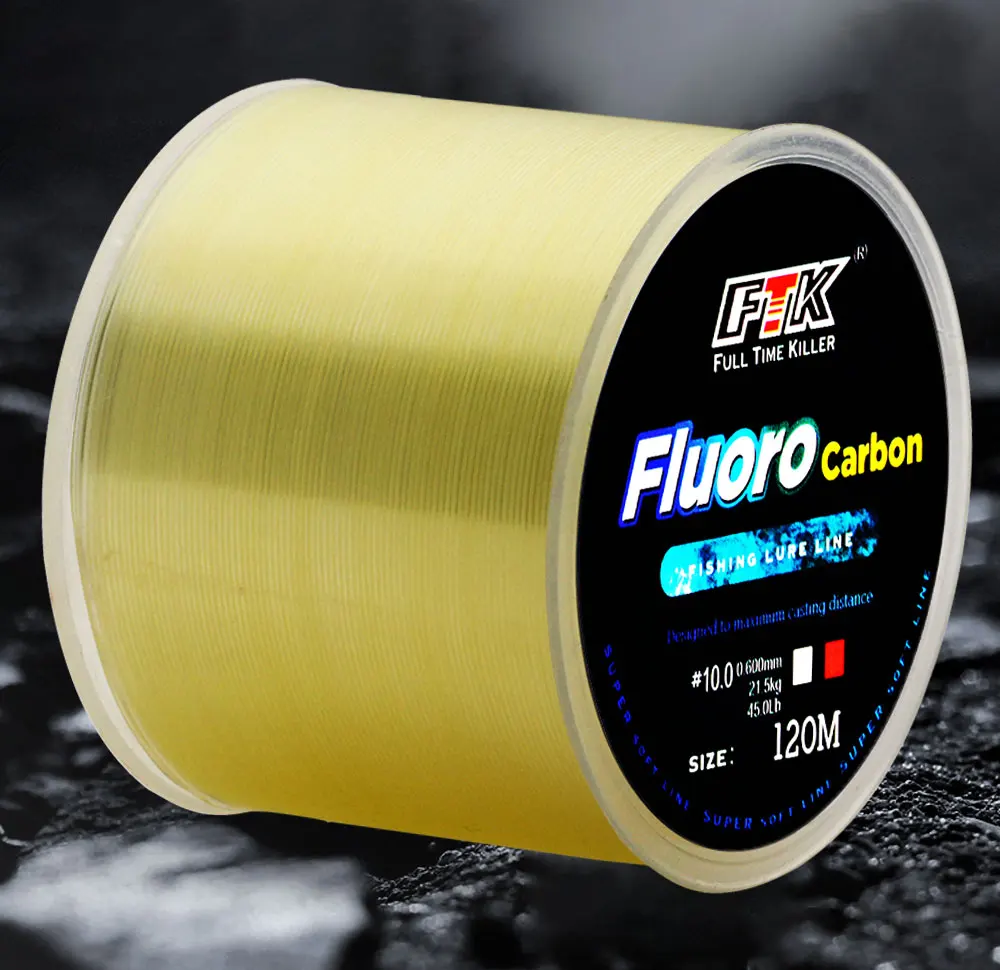 FTK Fishing Line Fluorocarbon Coating Treatment Process Carbon 120m Line 0.2mm-0.6mm 7.15LB-45LB Surface Nylon Molecules