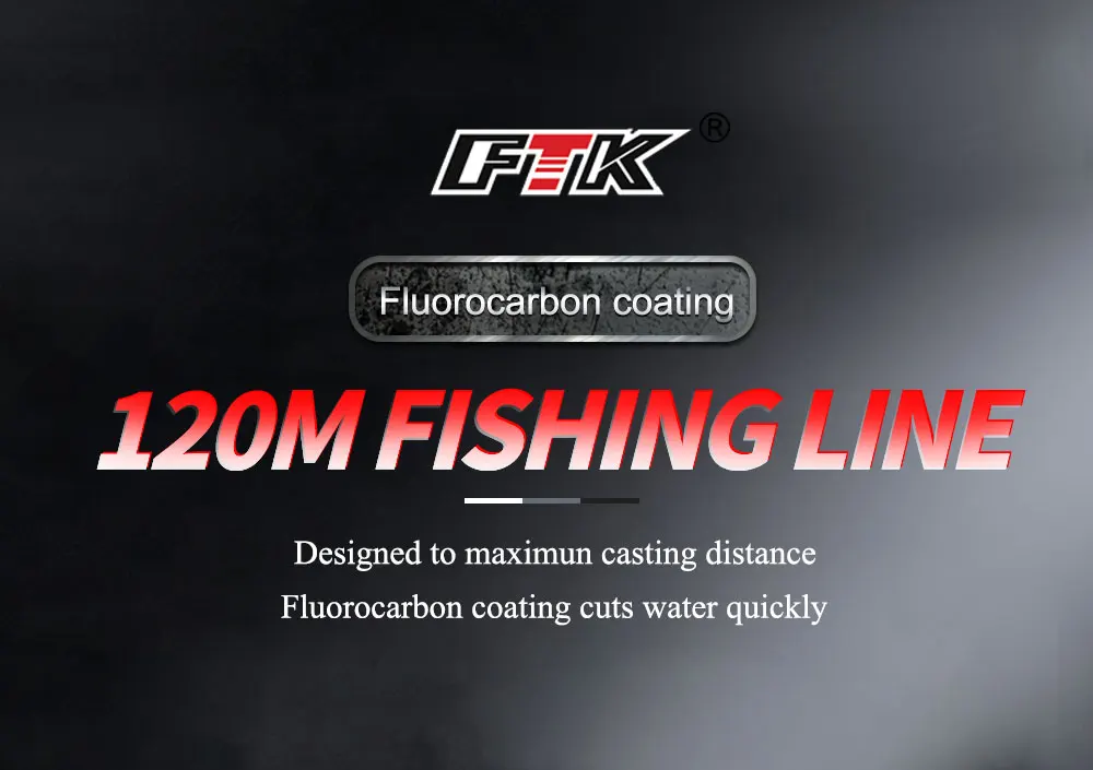 FTK Fishing Line Fluorocarbon Coating Treatment Process Carbon 120m Line 0.2mm-0.6mm 7.15LB-45LB Surface Nylon Molecules