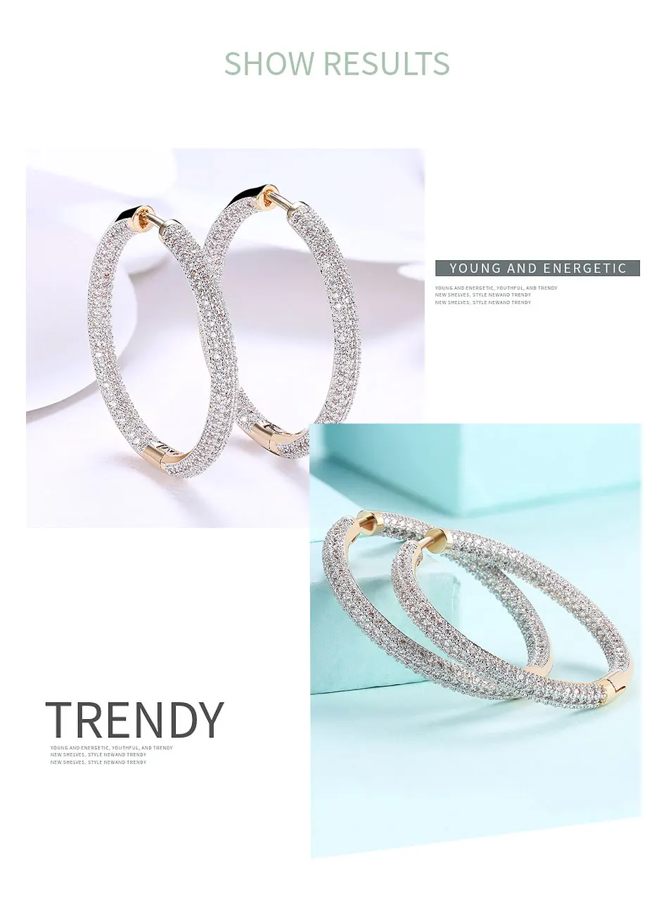 925 Silver 34mm 18K Gold Circle Hoop Earrings For Women Fashion Wedding Jewelry