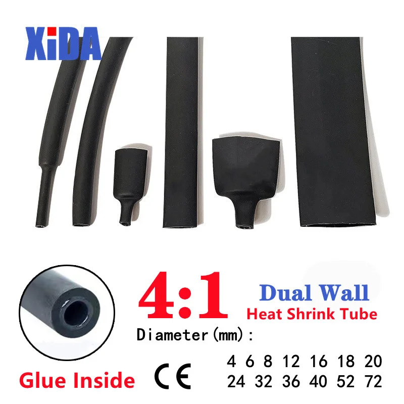 1Meter 4:1 Heat Shrink Tube With Glue Thermoretractile Heat Shrinkable Tubing Dual Wall Heat Shrink Tubing 6 8 12 16 24 40 52 72