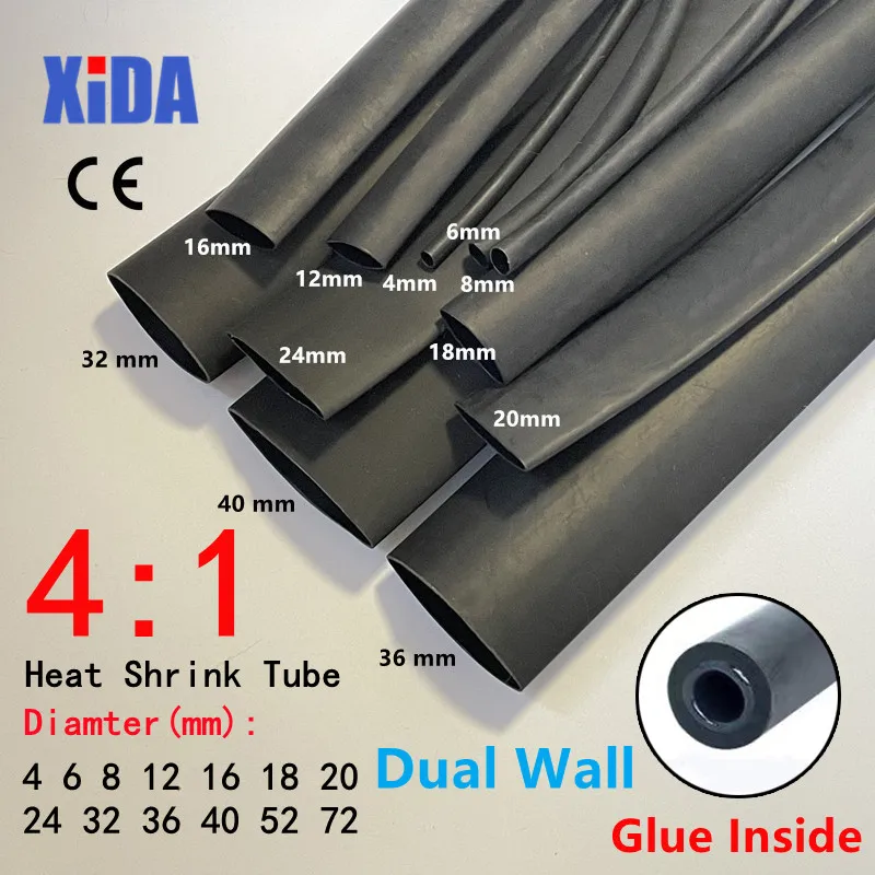1Meter 4:1 Heat Shrink Tube With Glue Thermoretractile Heat Shrinkable Tubing Dual Wall Heat Shrink Tubing 6 8 12 16 24 40 52 72