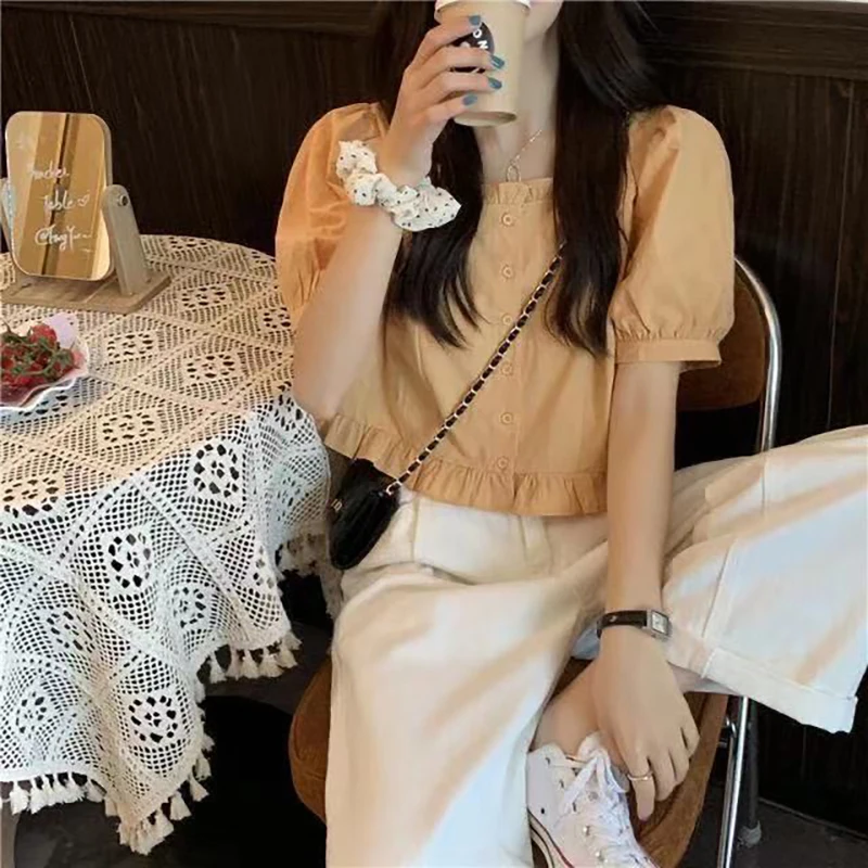 Korean Summer Ruffle Elegant Chiffon Cool Blouse Women Youthful Cute Cropped Tops Chic Short Sleeve Feminine Shirt