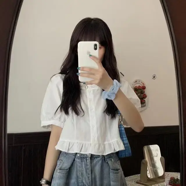 Korean Summer Ruffle Elegant Chiffon Cool Blouse Women Youthful Cute Cropped Tops Chic Short Sleeve Feminine Shirt