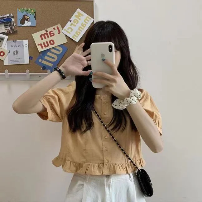 Korean Summer Ruffle Elegant Chiffon Cool Blouse Women Youthful Cute Cropped Tops Chic Short Sleeve Feminine Shirt