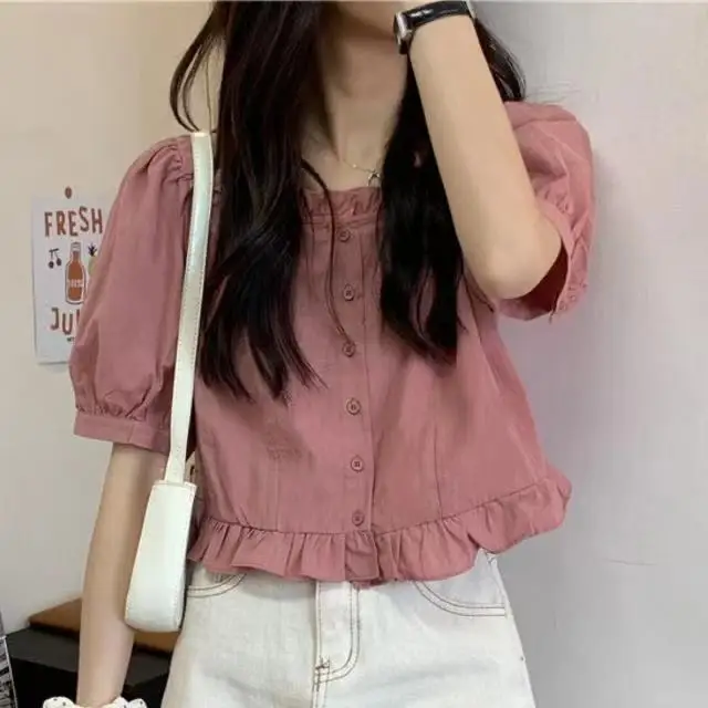 Korean Summer Ruffle Elegant Chiffon Cool Blouse Women Youthful Cute Cropped Tops Chic Short Sleeve Feminine Shirt