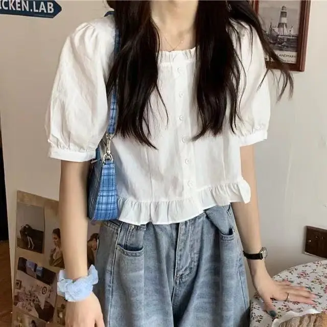 Korean Summer Ruffle Elegant Chiffon Cool Blouse Women Youthful Cute Cropped Tops Chic Short Sleeve Feminine Shirt