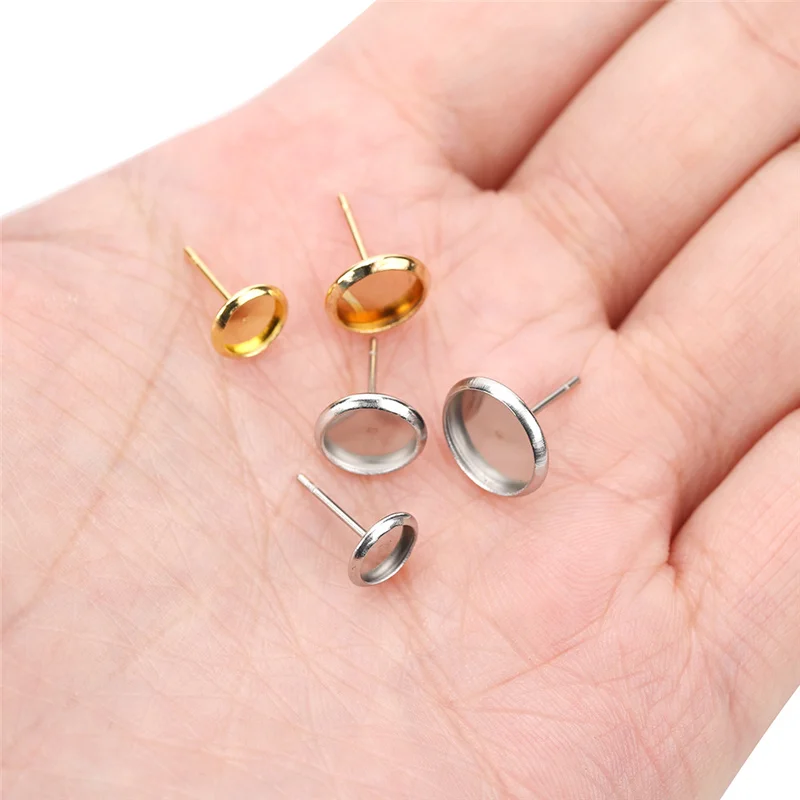 20pc Hypoallergenic Stainless Steel Stud Earring Diy Findings 6mm 8mm 10mm 12mm Cameo Cabochon Base Settings Diy Jewelry Making