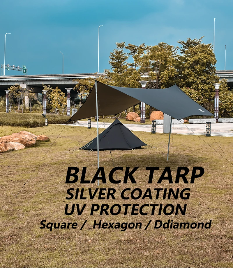 Aricxi tarp 210t polyester Ultralight Tarp Outdoor Camping black silver coating Anti-ultraviolet square hexagon sun shelter tarp