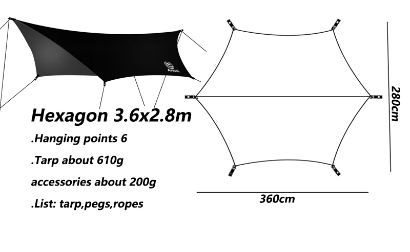 Aricxi tarp 210t polyester Ultralight Tarp Outdoor Camping black silver coating Anti-ultraviolet square hexagon sun shelter tarp