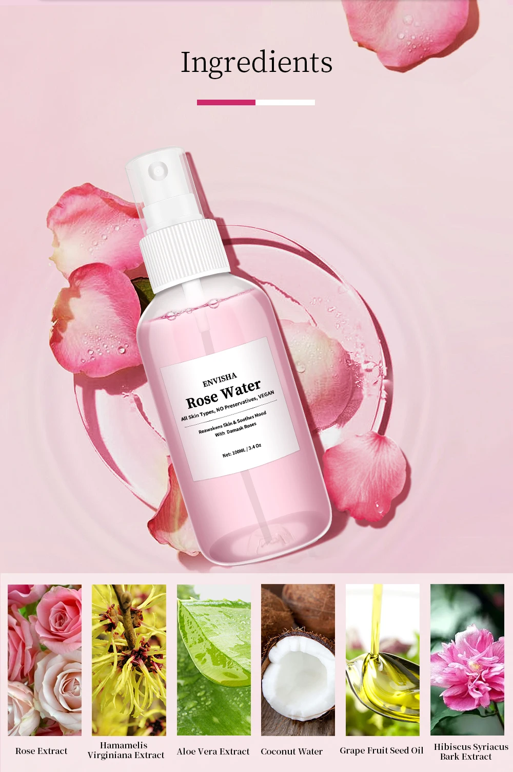 ENVISHA Rose Water For Face Facial Toner Organic Rose Petals Essence Moisturizing Serum Refresh Elastic Shrink Pores Skin Care