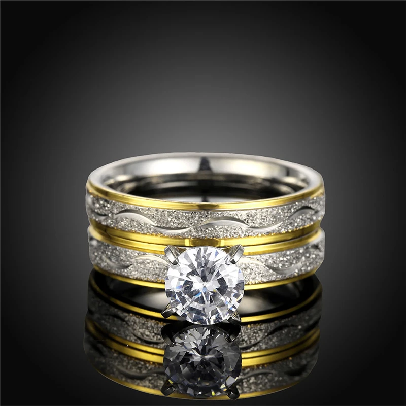 Couple Rings Exquisite Women Rhinestones Zirconia Rings Set Simple Men Stainless Steel Ring Wedding Jewelry Gifts For Lover