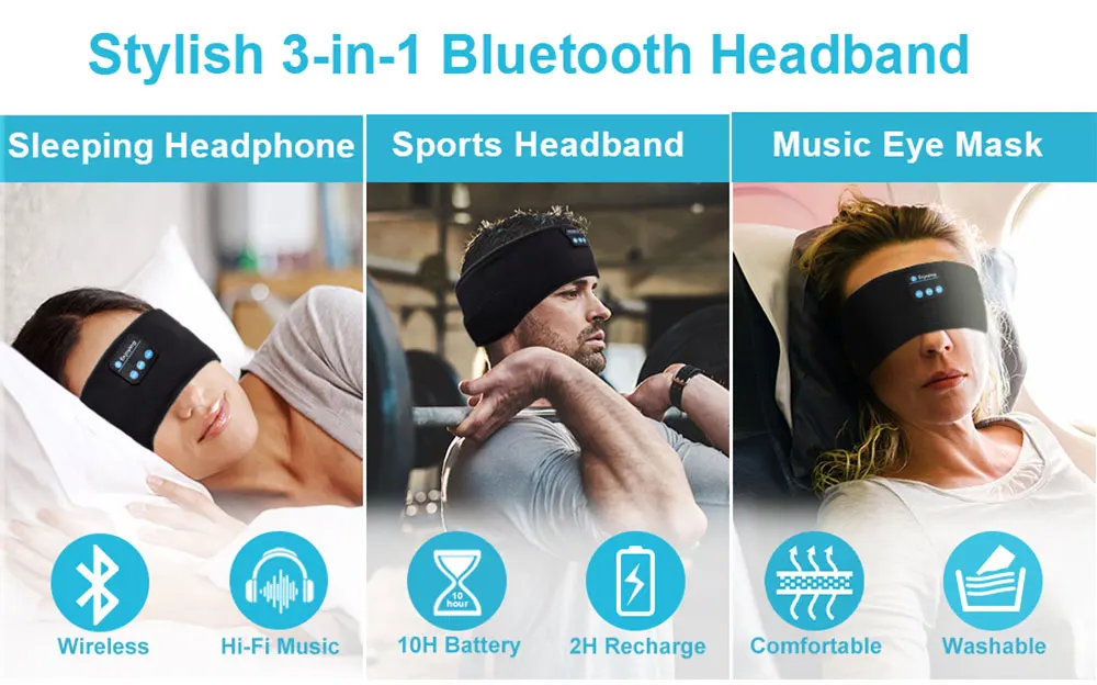 Sleep Eye Mask with Bluetooth 5.0 Headphones Soft Elastic Comfortable Headband ASMR Sleeping Band 10H Music