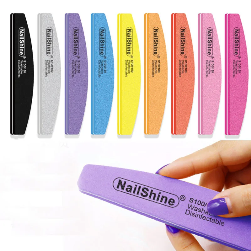 10pcs/lot Halfmoon Double Side Nail Files Buffer 100/180 Polishing Grinding Manicure Pedicure Nail Buffers File Tools