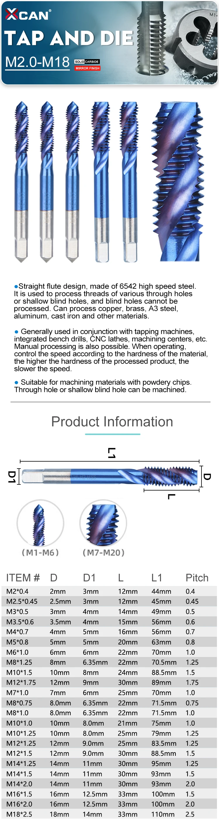 XCAN Metric Screw Tap 1pc HSS M2-M6 Thread Tap Nano Blue Coated Machine Plug Tap Threading Tools Spiral Tap Drill