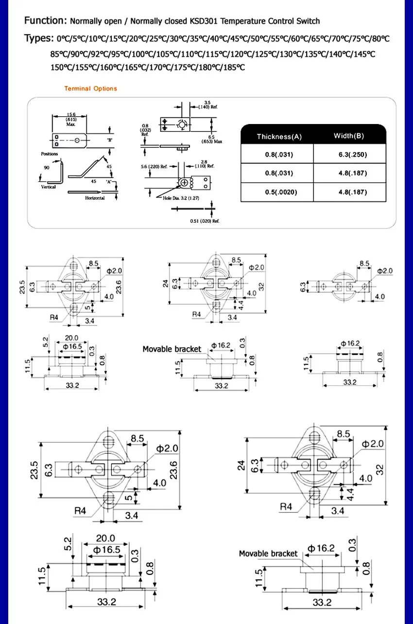 2pcs Normal Close Open Thermostat Switch 5 10 15 20 25 30 40 45 50 55 60 65 70 75 80 85 90 95℃ Temperature Sensor Switch KSD301