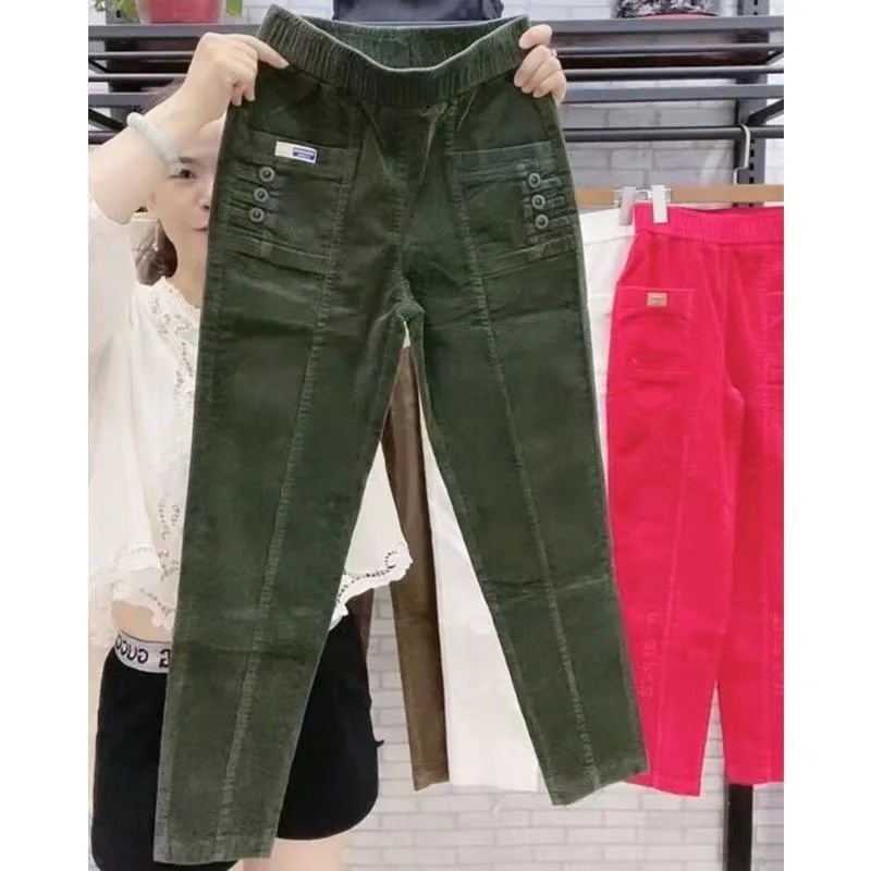 Women Warm Spring Winter Button Pockets Ruffles Vintage Big Large Plus Sizes Casual Party Fashion Loose Pant