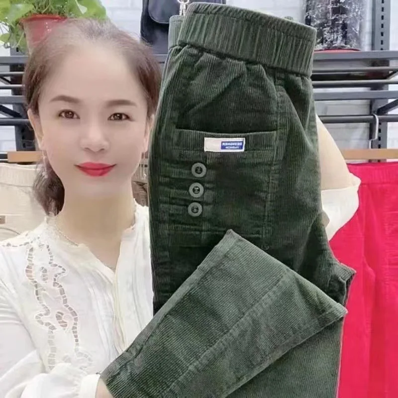 Women Warm Spring Winter Button Pockets Ruffles Vintage Big Large Plus Sizes Casual Party Fashion Loose Pant