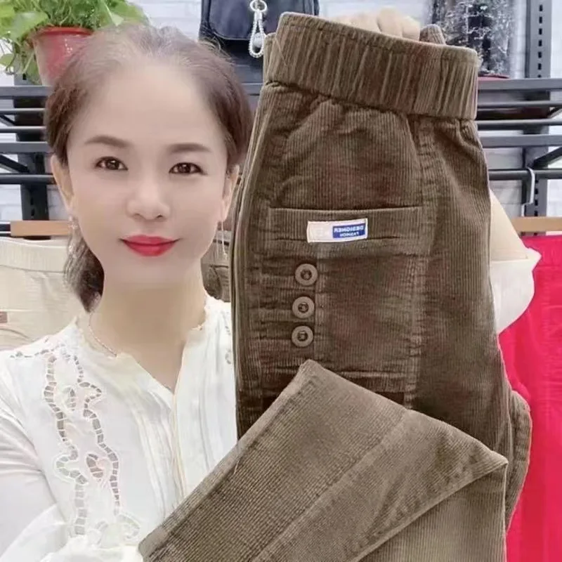Women Warm Spring Winter Button Pockets Ruffles Vintage Big Large Plus Sizes Casual Party Fashion Loose Pant