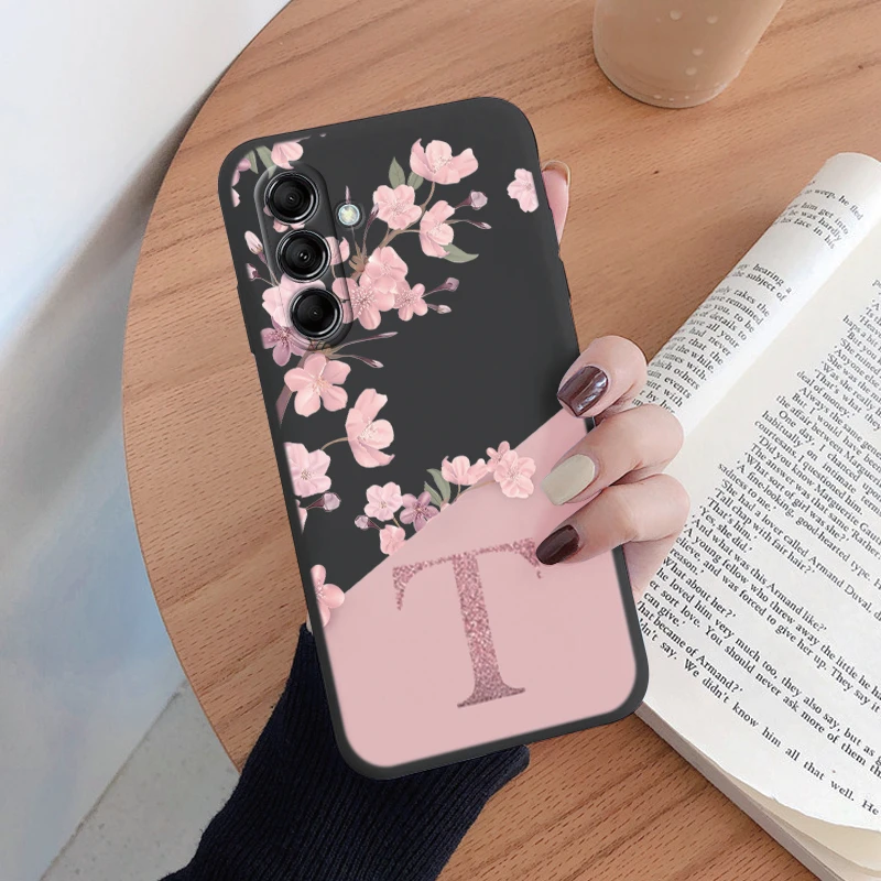Initial Letter A Z Case For Samsung Galaxy A54 A55 A56 A06 Cover Pink Flowers Soft Silicone Back Funda Coque Bumper Couple Bags