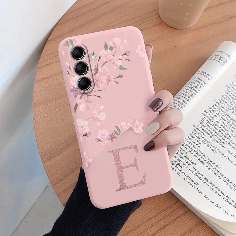Initial Letter A Z Case For Samsung Galaxy A54 A55 A56 A06 Cover Pink Flowers Soft Silicone Back Funda Coque Bumper Couple Bags