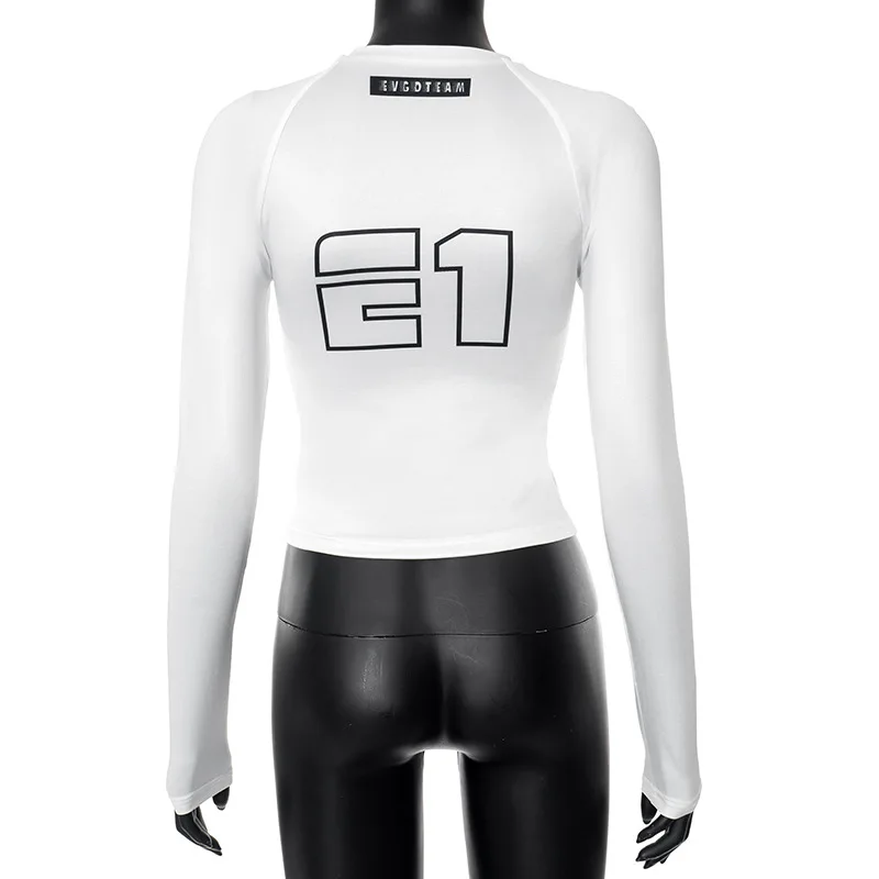 Moto Biker Printed Cyber Y2k White T-shirts Techwear Skinny Long Sleeve Women Crop Tops Gothic Punk Fashion Streetwear