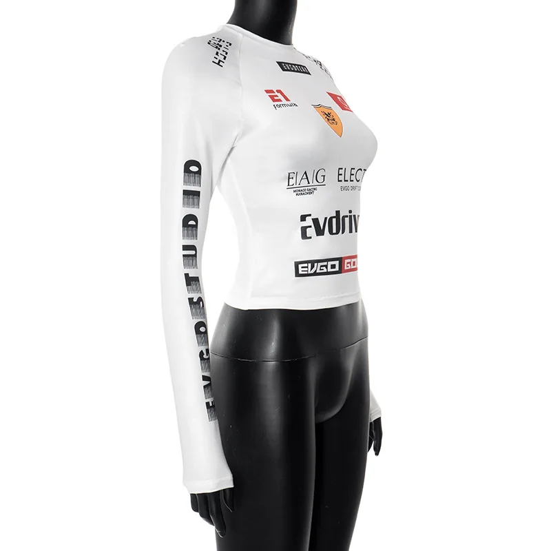 Moto Biker Printed Cyber Y2k White T-shirts Techwear Skinny Long Sleeve Women Crop Tops Gothic Punk Fashion Streetwear