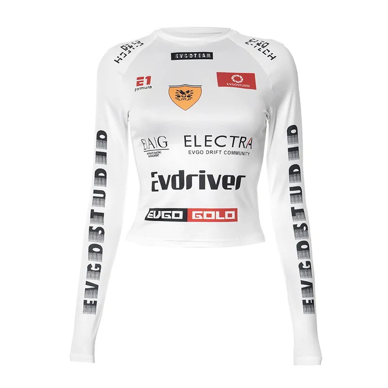 Moto Biker Printed Cyber Y2k White T-shirts Techwear Skinny Long Sleeve Women Crop Tops Gothic Punk Fashion Streetwear