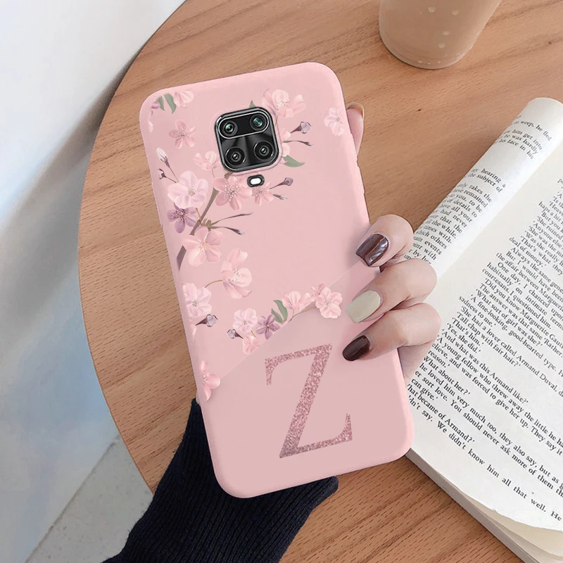 For Redmi Note 9 Pro Max 9S Phone Case Pink Flowers Initial Letter A To Z Silicone Soft Back Cover For Redmi Note9 Pro Alphabet