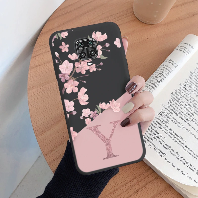 For Redmi Note 9 Pro Max 9S Phone Case Pink Flowers Initial Letter A To Z Silicone Soft Back Cover For Redmi Note9 Pro Alphabet