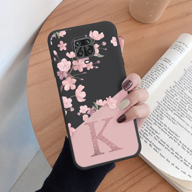 For Redmi Note 9 Pro Max 9S Phone Case Pink Flowers Initial Letter A To Z Silicone Soft Back Cover For Redmi Note9 Pro Alphabet