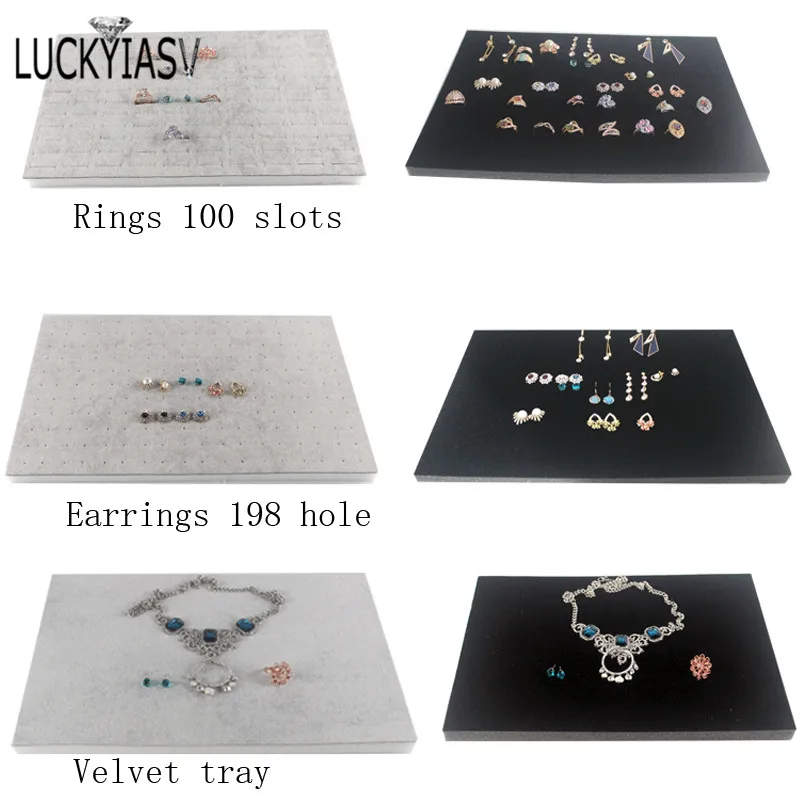 1 Pc Jewelry Foam Tray DIY Inserts Liners Grey/Black Velvet Jewellery Rings Bracelet Watch Showed Case Earrings Hole Tray