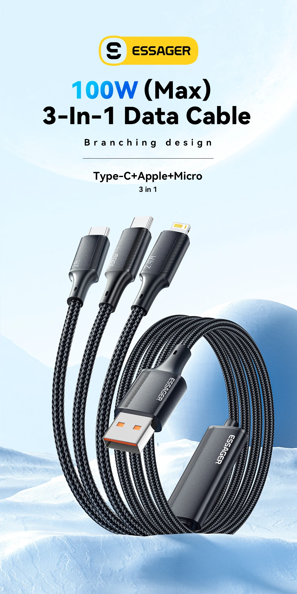Essager 100W 7A USB Type C Fast Charger Cable 3 in 1 Fast Charging Cable for iPhone 15 14 13 12 ProMax Samsung Xiaomi Macbook