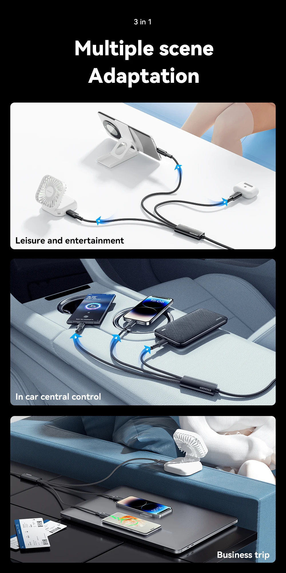 Essager 100W 7A USB Type C Fast Charger Cable 3 in 1 Fast Charging Cable for iPhone 15 14 13 12 ProMax Samsung Xiaomi Macbook