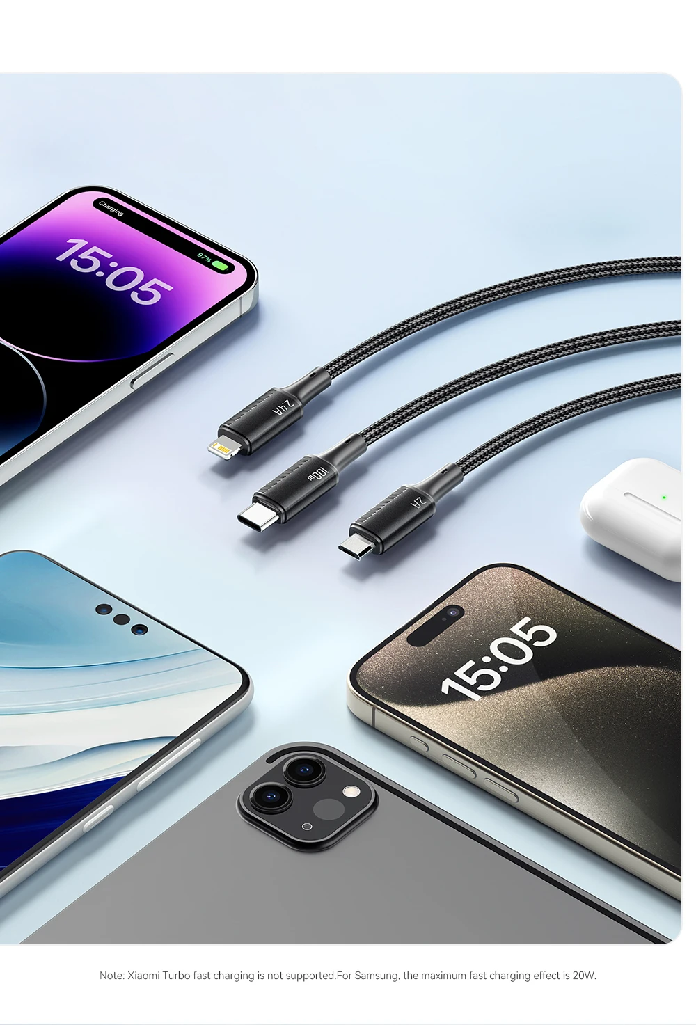 Essager 100W 7A USB Type C Fast Charger Cable 3 in 1 Fast Charging Cable for iPhone 15 14 13 12 ProMax Samsung Xiaomi Macbook