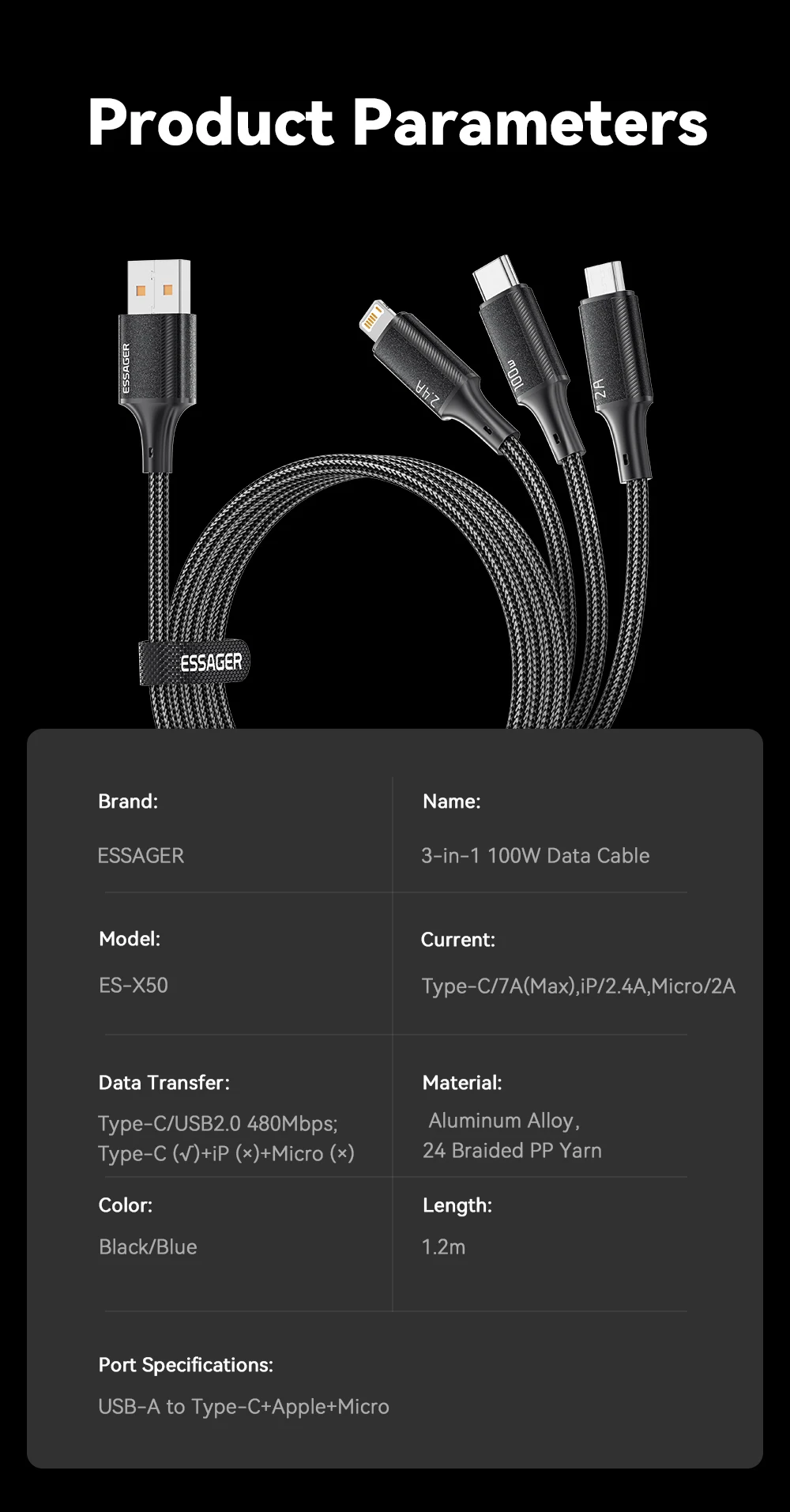 Essager 100W 7A USB Type C Fast Charger Cable 3 in 1 Fast Charging Cable for iPhone 15 14 13 12 ProMax Samsung Xiaomi Macbook