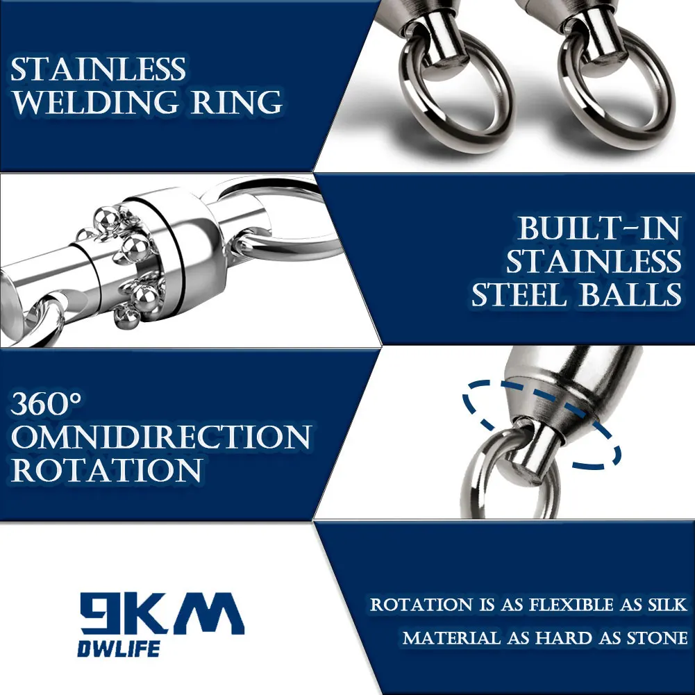 9KM 10~100pack Ball Bearing Swivel Fishing Swivel Solid Welding Rings Stainless Steel Heavy Duty Connector Freshwater Saltwater