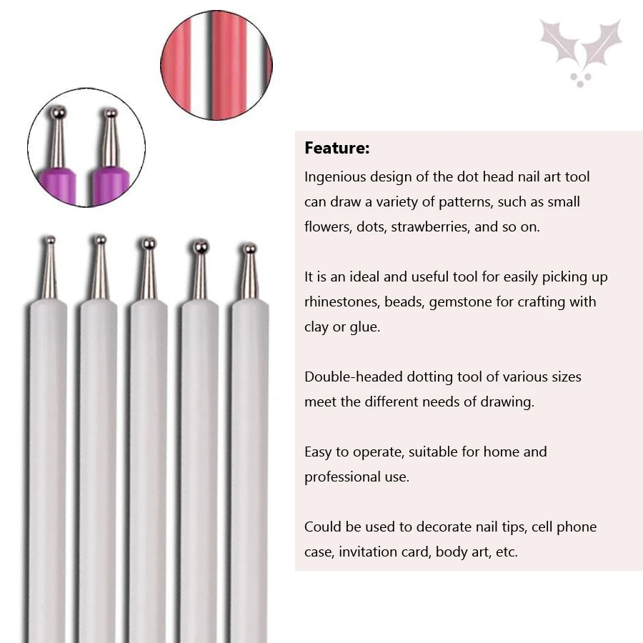5Pcs Dual-Ended Nail Art Dotting Tools, with 10 Different Sizes for Dotting, Marbleizing & Painting Manicure Kit