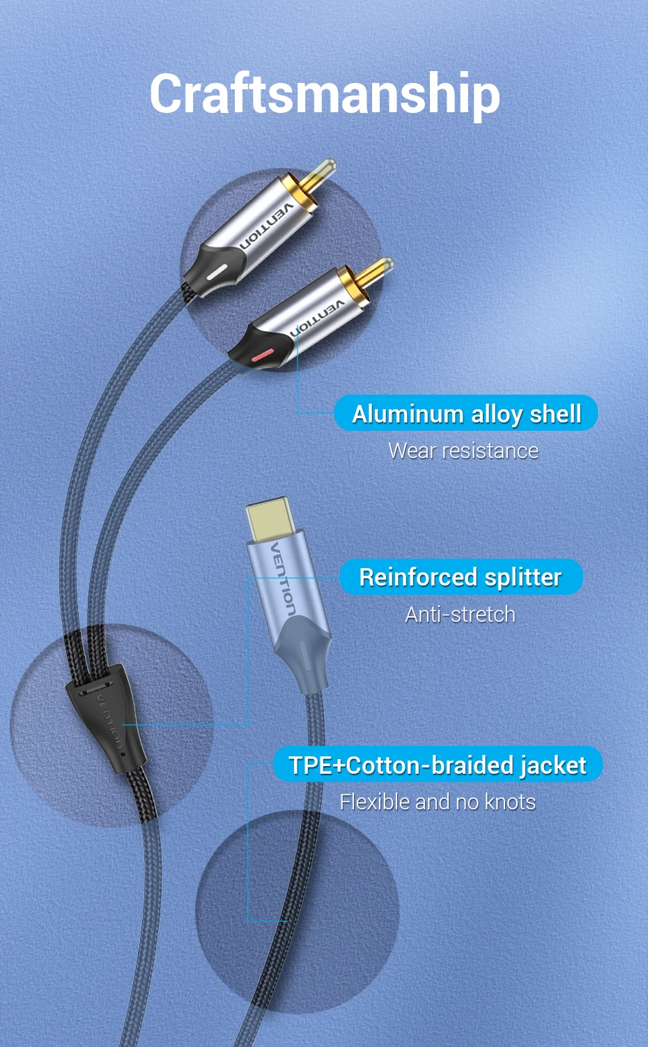Vention USB C to RCA Audio Cable Type C to 2 RCA Cable for Speaker Amplifier Huawei Xiaomi Laptop 1m 2m 3m USB C Splitter RCA Y