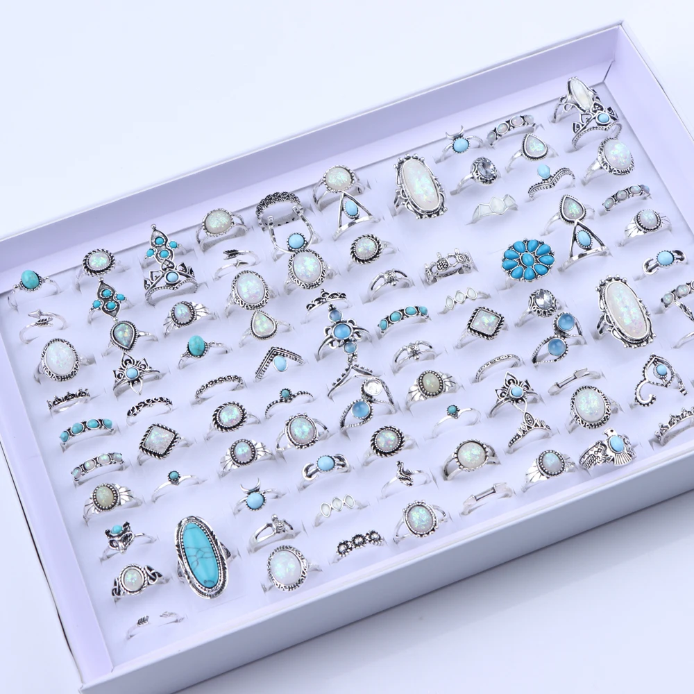 20/30Pcs/Lot Vintage Boho Glass Turquoise Rings Fashion Women Vacation Style Daily Festival Jewelry Party Decoration Gifts